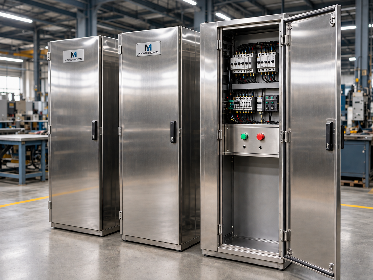M-Power stainless steel electrical enclosure with metering and control switches
